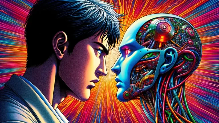 A young man and a robotic head gazing at each other, encircled by a vibrant multicolored backdrop