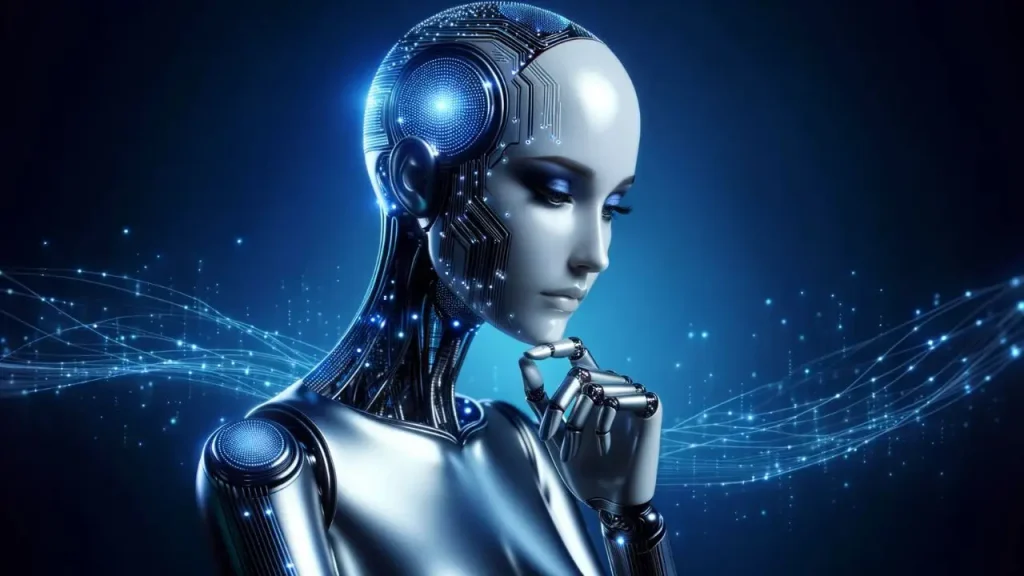 An Artificial Intelligence, represented by the humanoid, poised and seemingly deep in thought, set against a backdrop of intricate blue digital networks