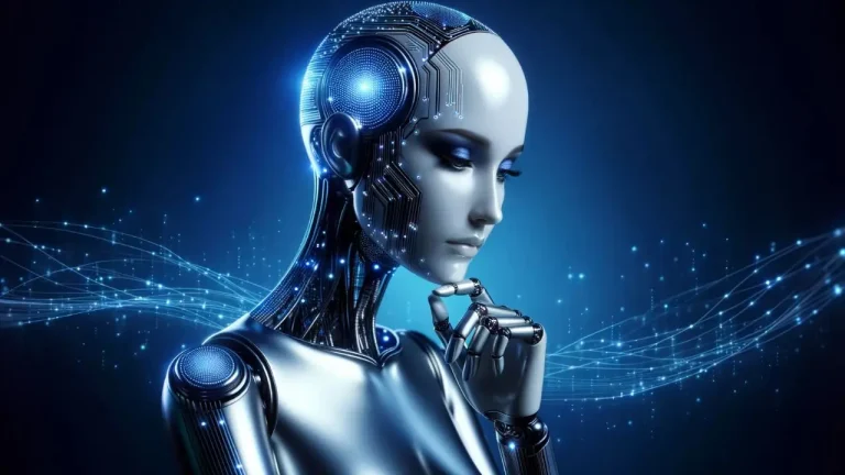 An Artificial Intelligence, represented by the humanoid, poised and seemingly deep in thought, set against a backdrop of intricate blue digital networks